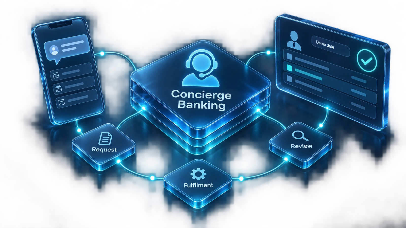 Customer request channel connected to banker review and service fulfilment