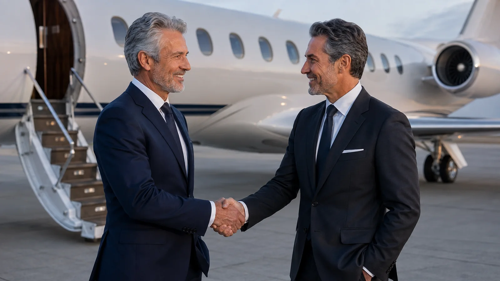 AI-generated conceptual scene of fictional senior financial executives shaking hands beside a private jet.